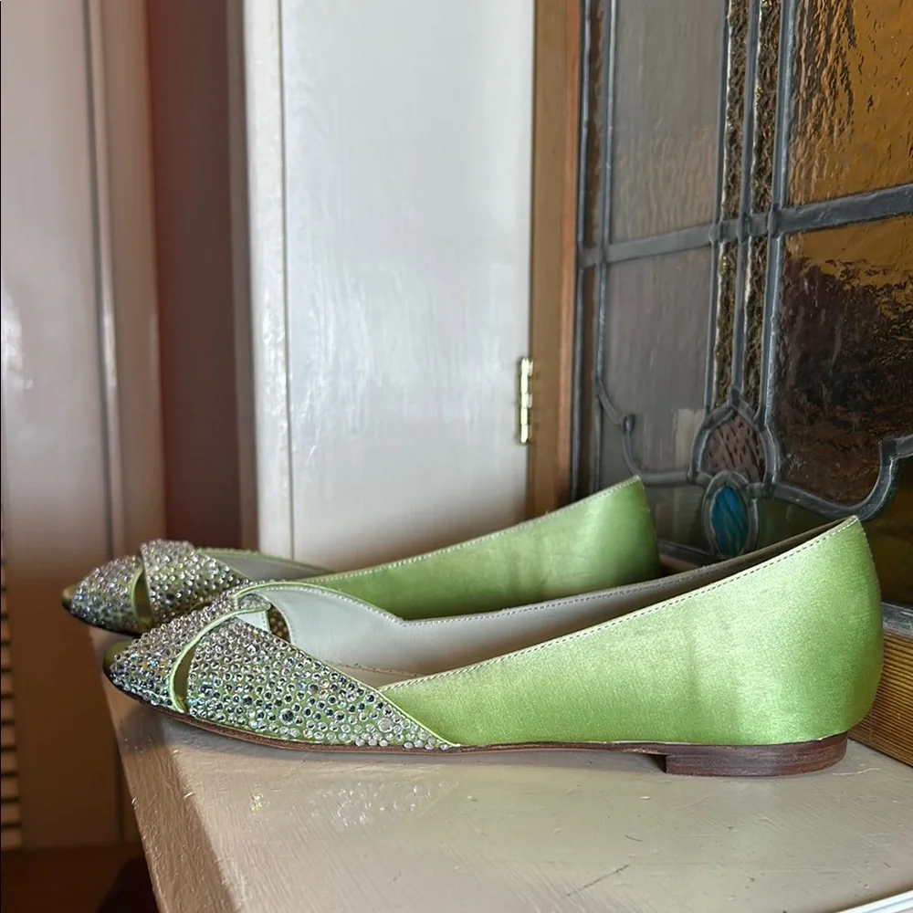Green and Silver Peep-Toe Flats with Metallic Finish